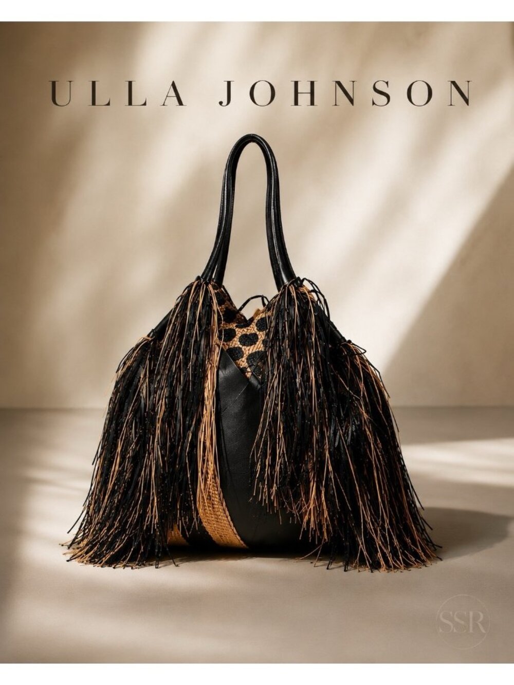 ULLA JOHNSON Charlotte Fringe Shoulder Bag Black Raffia Leather Suede Italy NWT